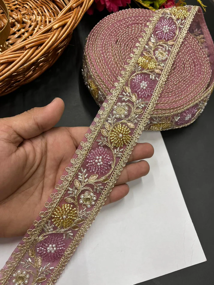 Beaded Bridal Lace Maggam Work - Pink